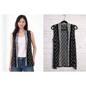 Chicos Matte Jersey Sleeveles Cardigan Size Small Black White Geo Print